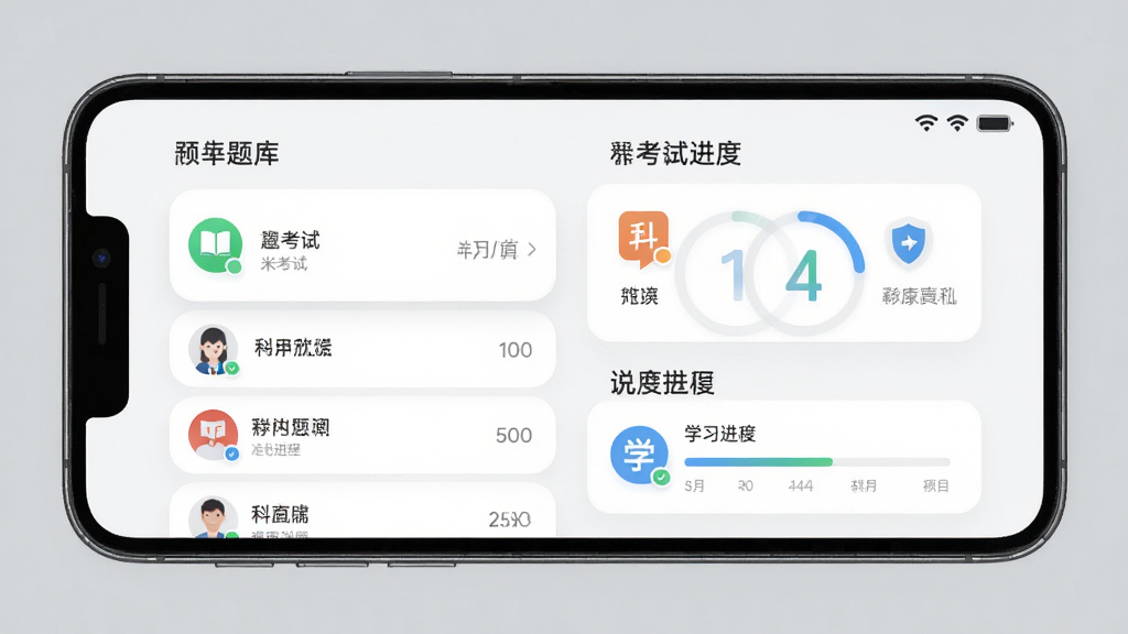 米考试等考主界面预览,展示题库列表与学习进度,主体为手机屏幕展示学习数据,布局居中,排版清晰,风格现代扁平,细节包括进度环与科目图标,画质高清,干净无多余元素