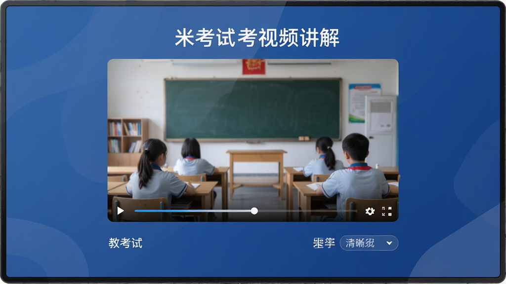 米考试等考视频讲解界面,主体为播放器画面,布局居中,排版大屏适配,风格教学风,细节显示进度条与清晰度选项,画质高清,干净无多余元素