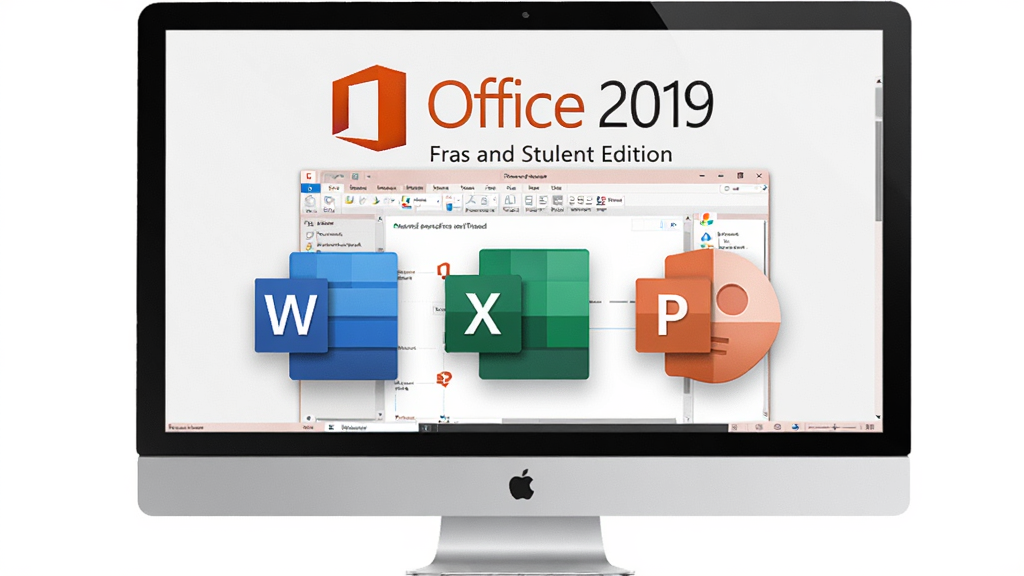 主视觉图,展示Office 2019 家庭和学生版的包装盒与软件界面,主体为Word、Excel、PowerPoint三个图标悬浮在电脑屏幕上方,布局居中,排版简洁,风格写实,细节清晰,画质高清,干净无多余元素
