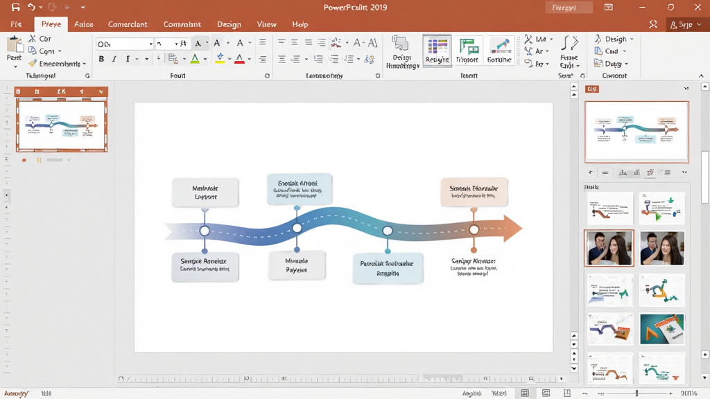 展示PowerPoint 2019界面,主体为正在编辑的幻灯片,带有平滑切换效果的时间线,布局居中,排版美观,风格创意,细节展示动画窗格和设计灵感,画质高清,干净无多余元素