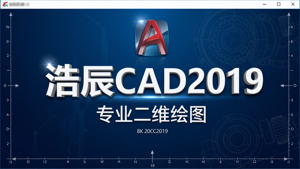 主体:浩辰CAD2019软件启动界面,背景为深蓝色科技感渐变,中央显示“浩辰CAD2019”白色立体字标,下方有“专业二维绘图”字样;布局:界面居中,两侧有网格线及坐标轴装饰;排版:字体简洁大方,字标下方有细小的版本号;风格:现代商务科技风,干净利落;细节:软件图标高光反射,背景有淡化的机械零件线条图;画质:8K高清,干净,无多余元素