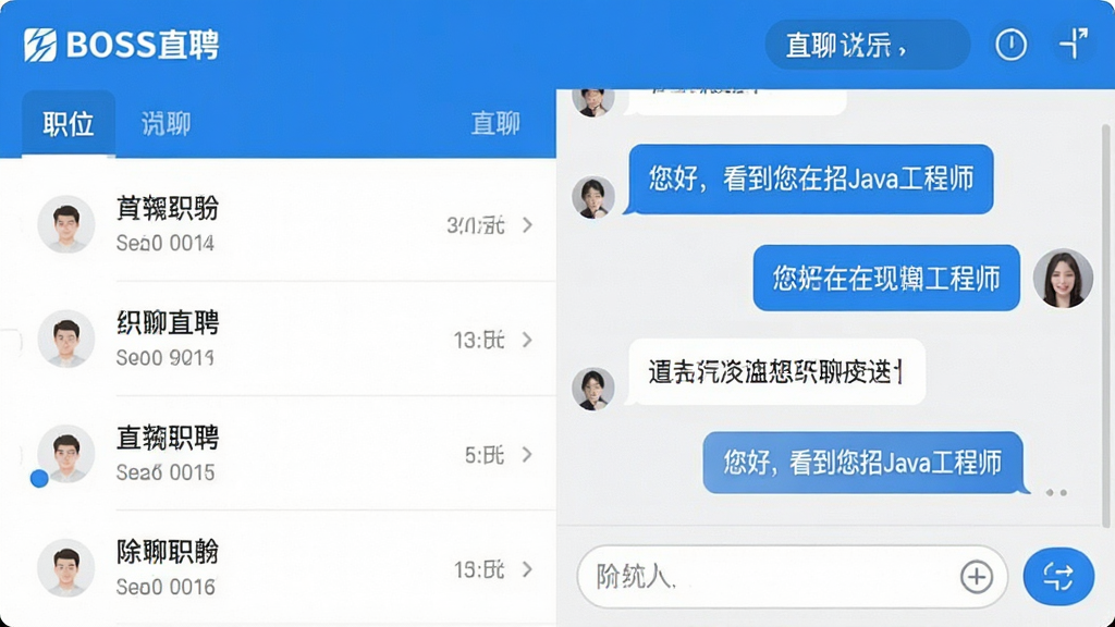 一张展示BOSS直聘“直聊”功能的界面截图,画面中左侧为职位列表,右侧为聊天窗口,聊天气泡中显示“您好,看到您在招Java工程师”等文字,底部有输入框和发送按钮,整体蓝色调,界面简洁,突出“BOSS直聘”品牌名称,现代扁平化风格,干净无多余元素