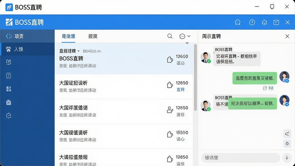 一张展示BOSS直聘PC客户端主界面的高清截图,画面中央是简洁的蓝色主题色,左侧为职位列表,右侧为聊天窗口,整体布局清晰,文字标签显示“BOSS直聘”字样,现代商务风格,干净明亮,无多余元素