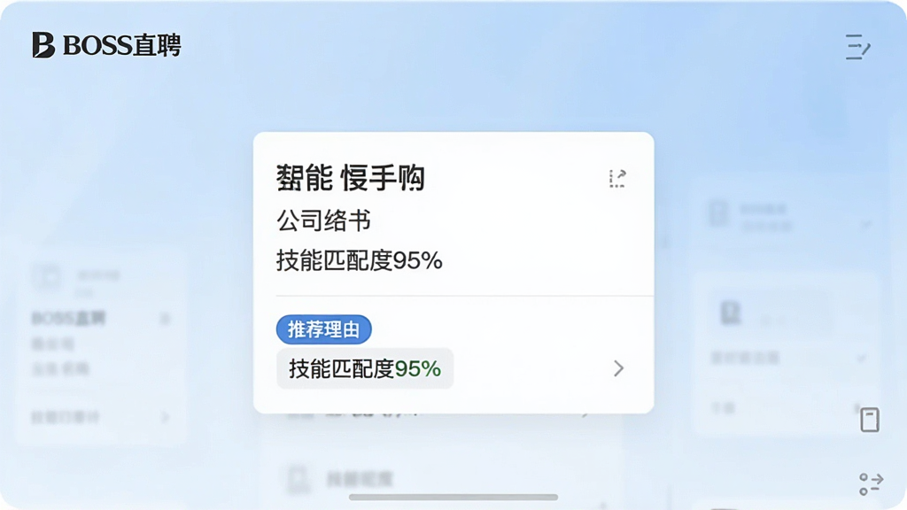 一张展示BOSS直聘智能推荐功能的界面截图,画面中央是一个职位卡片,上面显示职位名称、公司名称、薪资范围,下方有“推荐理由”标签,如“技能匹配度95%”,背景为浅蓝色渐变,整体风格简约商务,突出“BOSS直聘”品牌名称,干净明亮,无多余元素