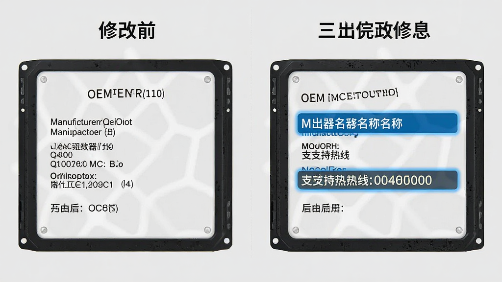 一张展示OEM信息修改器修改前后对比的示意图,左侧为修改前的默认OEM信息,右侧为修改后的自定义OEM信息,高亮显示制造商名称和支持热线字段,背景为浅灰色,风格简洁明了,画质干净清晰