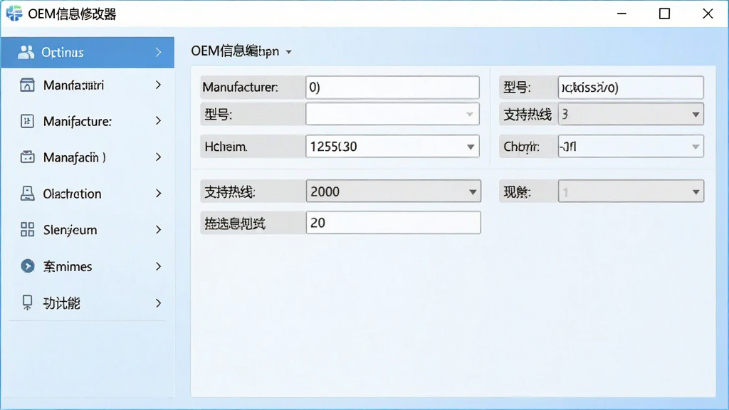 一张展示OEM信息修改器软件主界面的截图,界面简洁清晰,左侧为功能选项列表,右侧为详细的OEM信息编辑区域,包含制造商、型号、支持热线等字段,背景为淡蓝色渐变,整体风格现代且专业,画质干净无多余元素