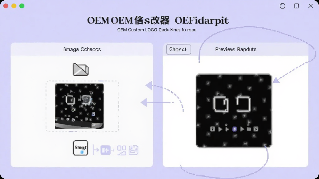 一张展示OEM信息修改器自定义LOGO功能的界面截图,界面中显示图片选择区域和预览窗口,背景为淡紫色,风格时尚,突出个性化定制,画质干净无多余元素