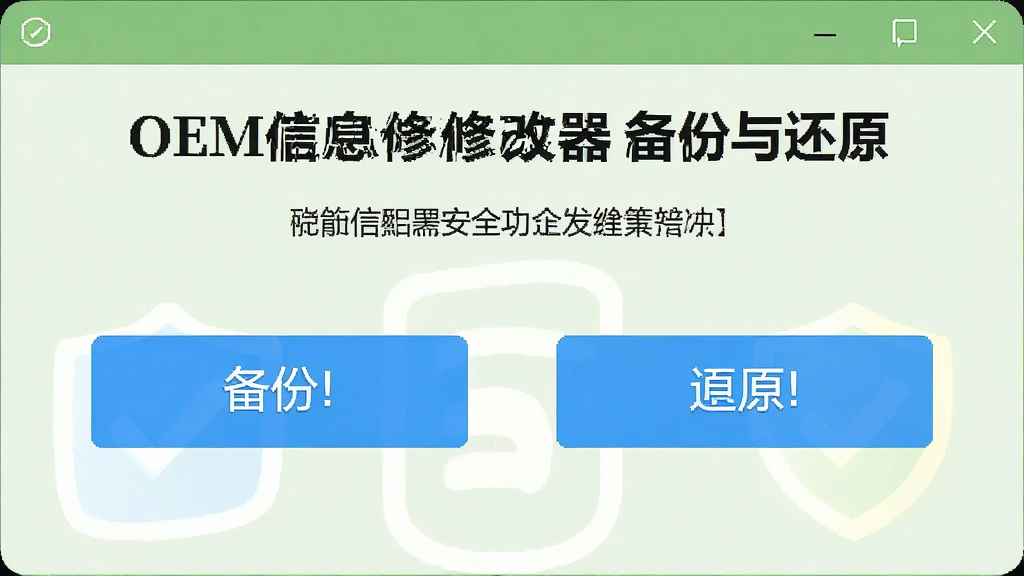 一张展示OEM信息修改器备份与还原功能的界面截图,界面中显示备份按钮和还原按钮,背景为浅绿色,风格清新,突出安全可靠的特点,画质干净无多余元素