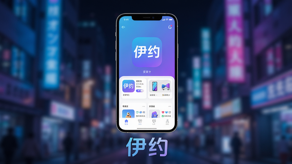 画面中央展示一部手机,屏幕上显示“伊约”APP首页,背景是模糊的城市夜景霓虹灯,手机下方有“伊约”品牌字样,整体色调以蓝色和紫色渐变为主,科技感与时尚感并存,构图居中,UI界面清晰,光影细腻,画质高清,干净无多余元素