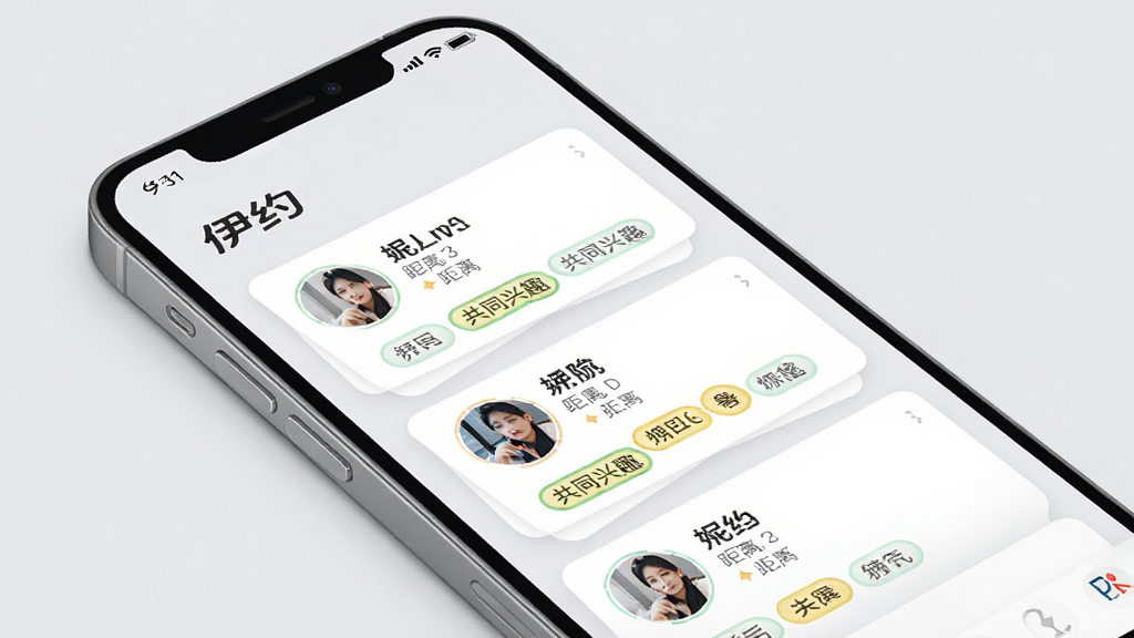 手机屏幕展示“伊约”同城用户推荐页面,卡片式布局,每张卡片包含用户头像、昵称、距离和共同兴趣标签,背景是简洁的浅灰色,手机侧面有“伊约”文字标识,整体风格清爽明亮,UI细节丰富,画质高清,干净无多余元素