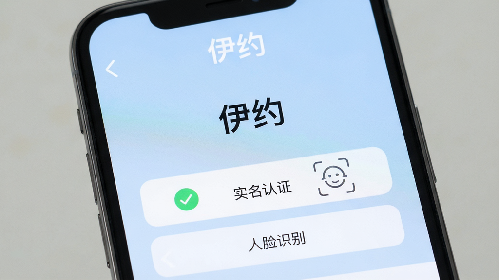 手机屏幕展示“伊约”个人认证页面,显示“实名认证”和“人脸识别”两个选项,背景为淡蓝色,手机上方有“伊约”字样,整体风格简洁专业,UI图标清晰,画质高清,干净无多余元素
