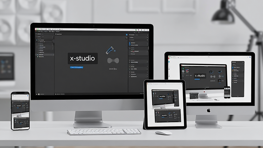 一个现代化的工作台场景,屏幕上显示“x-studio”的构建界面,旁边有手机、平板和电脑模型展示多平台输出效果,背景为浅灰色工作室环境,整体风格干净整洁,细节丰富,画质高清,无多余元素