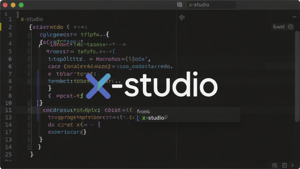 一个深色主题的代码编辑器界面,屏幕中央显示“x-studio”的Logo和几行彩色代码,编辑器窗口有行号、括号匹配高亮和自动补全提示框,整体风格极简,细节清晰,画质锐利,干净无杂物