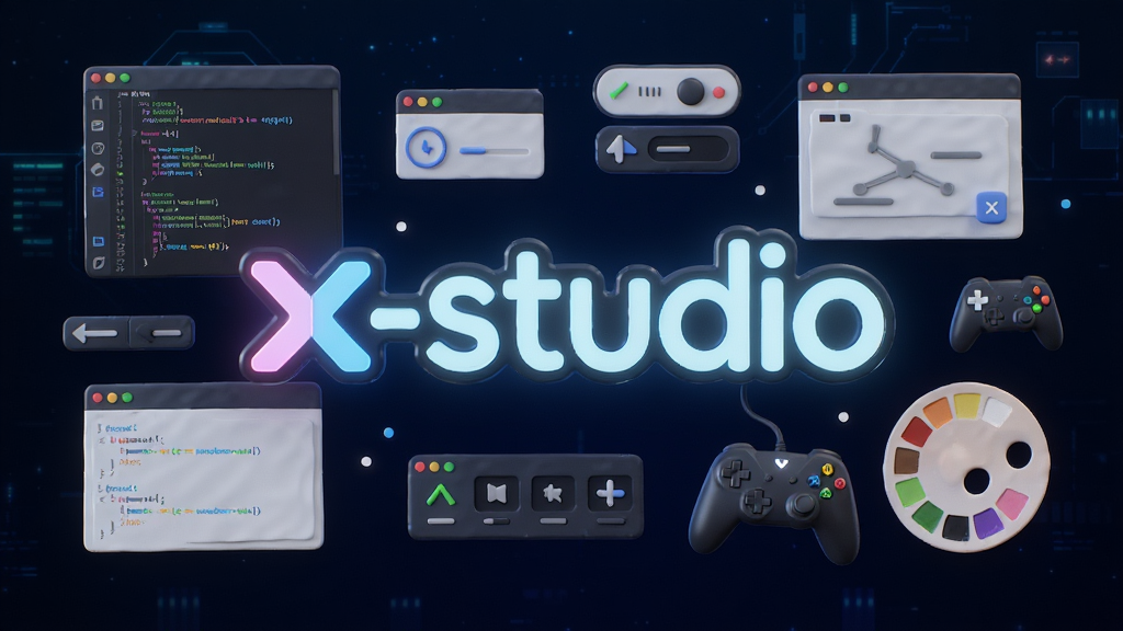 一幅现代风格的三维渲染场景,中央悬浮着发光的“x-studio”文字标志,周围环绕着代码编辑器、UI控件、游戏手柄和调色板等元素,整体布局均衡,背景为深蓝色科技感渐变,细节丰富,画质清晰干净,无多余元素
