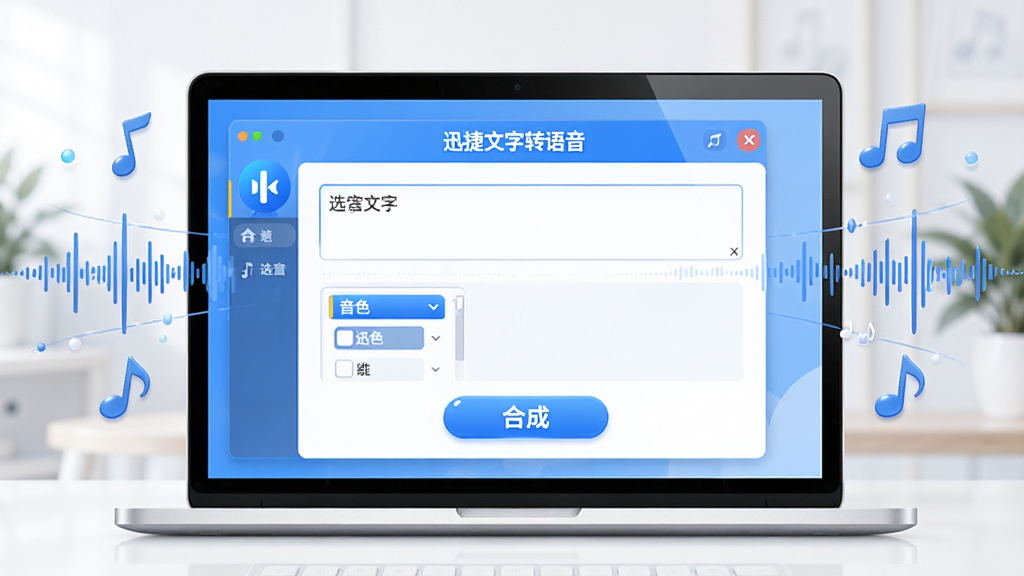 画面主体为“迅捷文字转语音”软件界面在笔记本电脑屏幕上显示,界面包含输入文字框、音色选择列表和合成按钮,周围有音频波形和音符漂浮,布局中心对称,风格扁平化设计,配色以蓝白为主,细节高光质感,画质清晰干净,无多余元素。