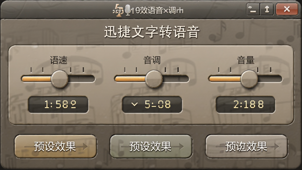 画面主体为“迅捷文字转语音”软件的音效调节面板,三个滑块分别标注语速、音调、音量,下方为预设效果按钮,布局横向排列,风格拟物化,色彩暖灰,细节有数值显示,画质干净,无多余元素。