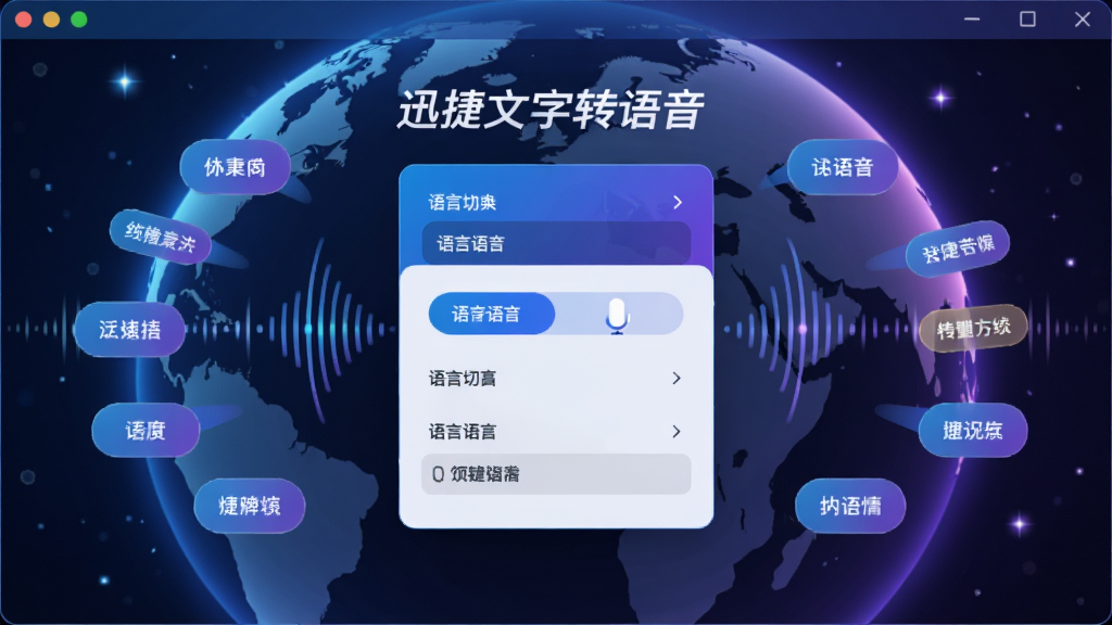 画面主体为“迅捷文字转语音”软件的语言选择界面,地球仪背景上分布多个语言标签,中央为语言切换菜单,布局简洁,风格科技感,色彩蓝紫渐变,细节有音波装饰,画质高清,无多余元素。