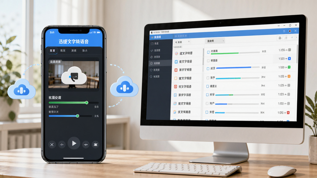 画面主体为“迅捷文字转语音”软件在手机和电脑上同步使用的场景,手机屏幕显示合成界面,电脑屏幕显示批量处理列表,周围有云同步图标,布局左右分布,风格写实,色彩自然,细节有进度条,画质清晰,无多余元素。