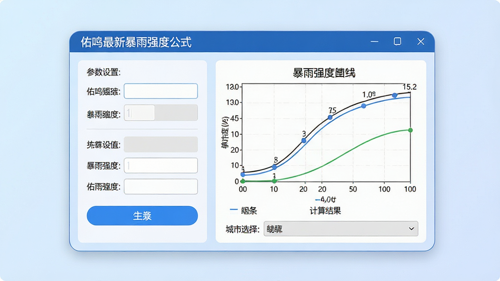 主体:一款名为“佑鸣最新暴雨强度公式”的软件界面,显示在电脑屏幕上,界面中有参数输入框、计算结果图表和城市选择下拉菜单。布局:软件窗口居中,背景为淡蓝色渐变,左侧为参数设置区,右侧为结果展示区,图表清晰。排版:窗口边缘圆角,按钮为蓝色,字体为黑色清晰。风格:现代扁平化设计,专业简洁。细节:图表显示暴雨强度曲线,数据精确到小数点后两位。画质:高清,干净,无多余元素。