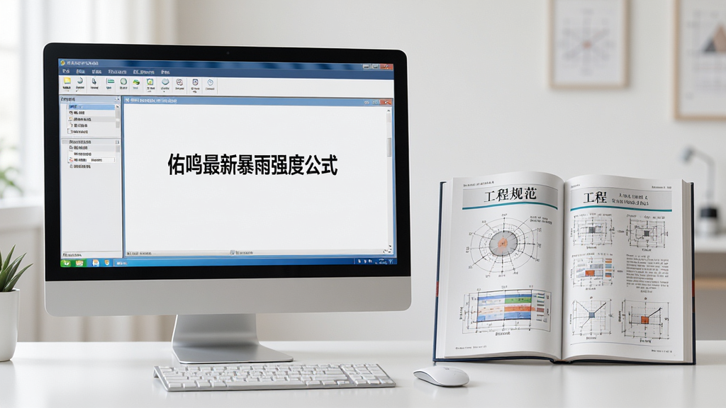 主体:电脑屏幕上显示“佑鸣最新暴雨强度公式”软件运行界面,旁边有一本打开的工程规范书。布局:电脑在左侧,书籍在右侧,整体画面均衡。排版:桌面整洁,光线柔和。风格:写实摄影。细节:软件界面清晰可见,书籍页面有图表。画质:高清,干净。
