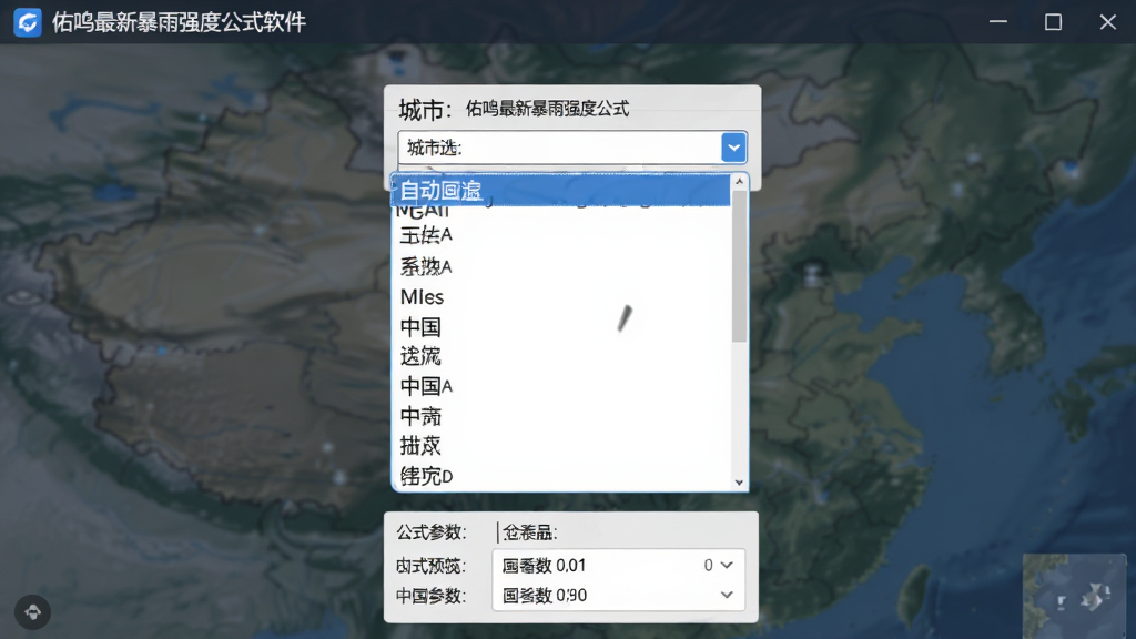 主体:“佑鸣最新暴雨强度公式”软件的城市选择界面,展示一个下拉列表,包含多个中国城市名称。布局:界面中央为城市选择框,下方为公式参数预览。排版:简洁列表,字体清晰。风格:商务简洁。细节:城市名称按拼音排序,选中后自动填充系数。画质:高清,干净。