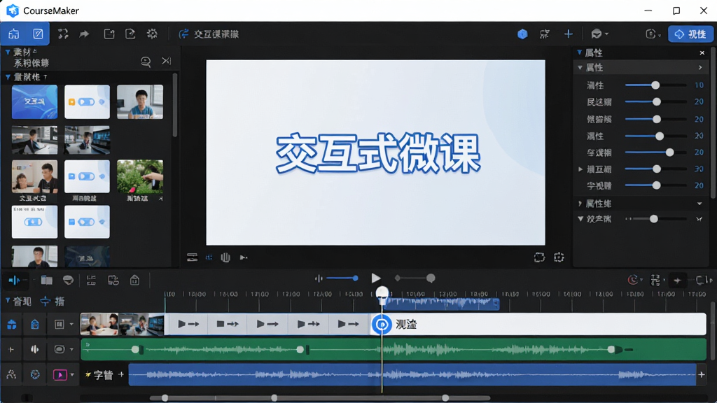 主体:CourseMaker交互式微课制作系统的软件主界面,显示多轨道编辑时间线和预览窗口。布局:左侧为素材库与功能面板,中央为视频预览区,右侧为属性调节栏,底部为音频/视频/字幕多轨道。排版:界面清晰,图标化工具栏,时间线刻度精细。风格:现代扁平化设计,主色调为蓝白搭配,科技感强。细节:屏幕中显示“交互式微课”字样,时间线上有测验节点图标。画质:高清,干净,无多余元素。