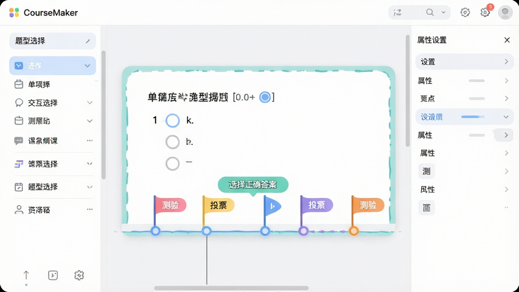 主体:CourseMaker软件中交互编辑界面,展示时间轴上的互动节点。布局:中央为课件预览画布,左侧是题型选择面板,右侧为属性设置区。排版:画布中显示一道单选题,带有“选择正确答案”提示。风格:清新明亮,UI元素圆润。细节:时间轴上有彩色旗帜标记,标注“测验”“投票”等字样。画质:清晰,干净,无多余元素。