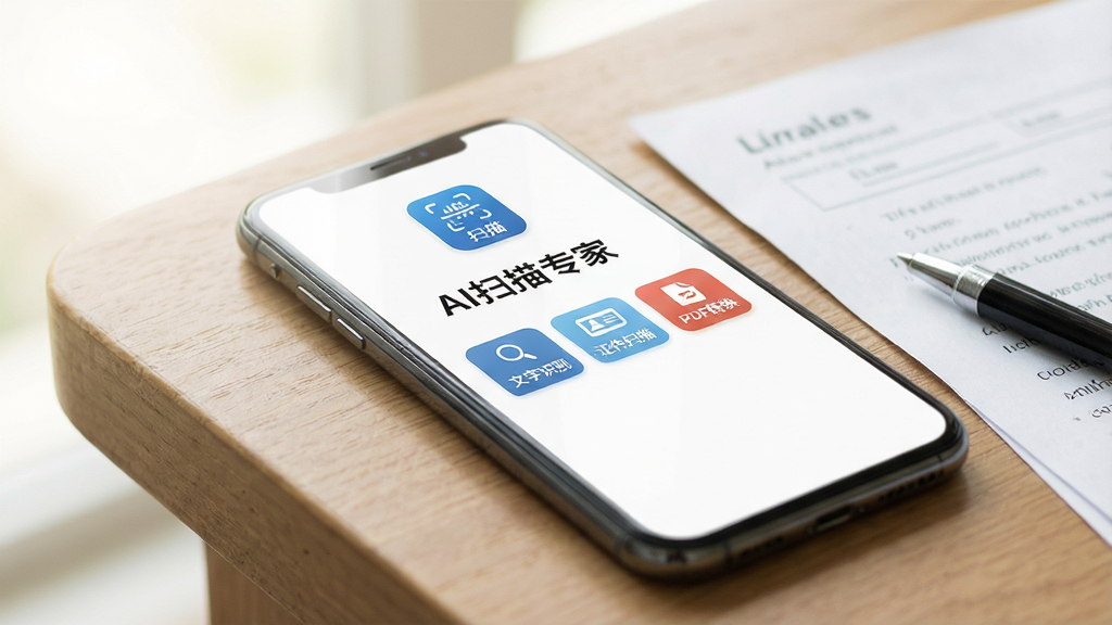 一张智能手机屏幕特写,屏幕中显示“AI扫描专家”应用主界面,界面以白色和蓝色为主色调,顶部显示“扫描”功能图标,下方排列着“文字识别”、“证件扫描”、“PDF转换”等按钮,手机斜放在木质桌面上,旁边有一张纸质文档和一支笔,背景虚化,光线明亮柔和,整体风格干净简洁,突出软件的实用性与专业性,画质高清,干净,无多余元素