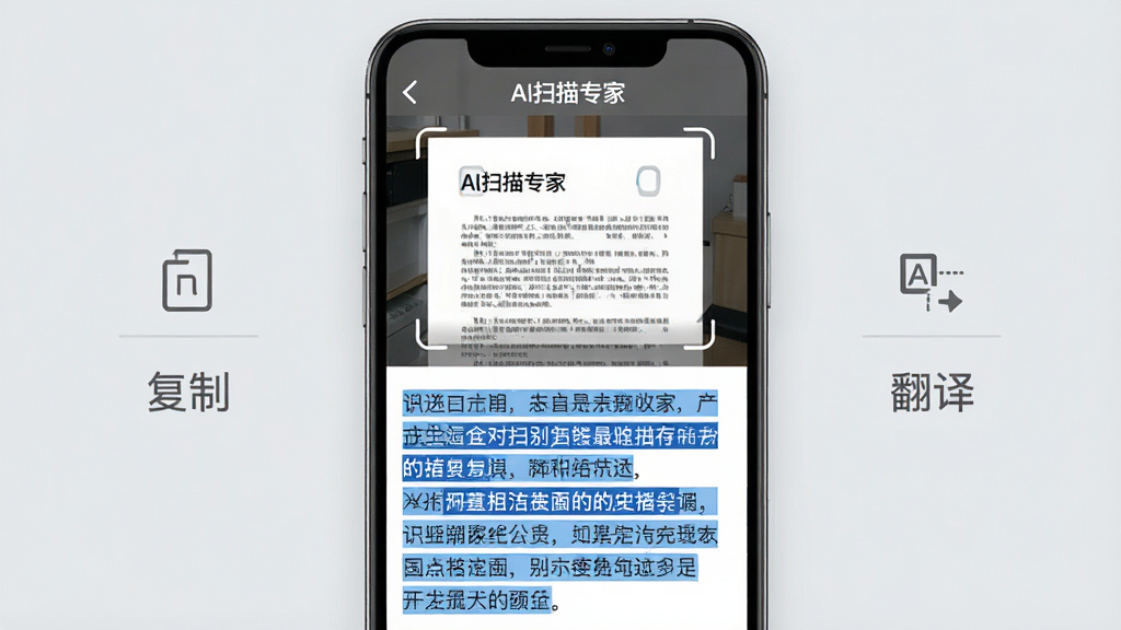 一张手机屏幕截图,显示“AI扫描专家”的文字识别结果界面,上方是扫描的文档图片,下方是识别出的文字内容,文字排列整齐,有蓝色高亮标记,界面简洁,背景为浅灰色,手机屏幕占据画面主体,旁边有“复制”、“翻译”按钮图标,整体风格科技感强,画质清晰,干净,无多余元素