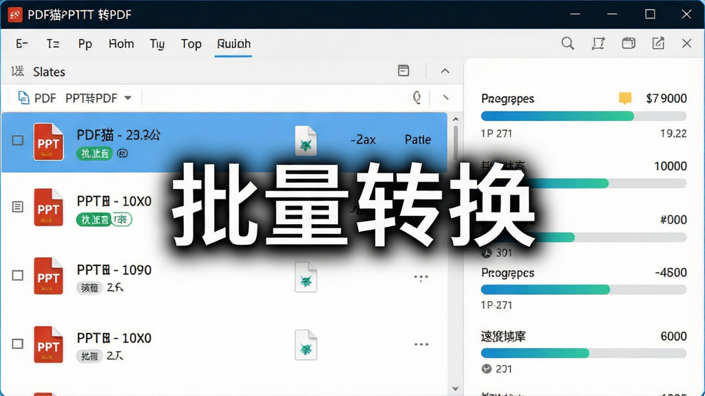 一张软件功能展示图,主体为电脑端PDF猫PPT转PDF软件界面,文件列表中有多个PPT文件正在批量转换,右侧显示转换进度条与速度信息,布局为左右分栏,排版整齐,风格科技感,细节包含文件名称、大小、状态标签,画质明亮干净,无多余元素,图片中打文字“批量转换”