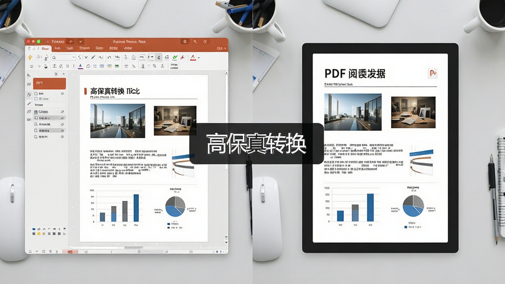 一张对比展示图,主体为左右对比布局,左侧是PPT编辑界面,右侧是转换后的PDF阅读界面,两者显示相同的内容且排版完全一致,背景为浅灰色工作台,风格专业严谨,细节包含文字、图片、图表元素,画质清晰干净,无多余元素,图片中打文字“高保真转换”