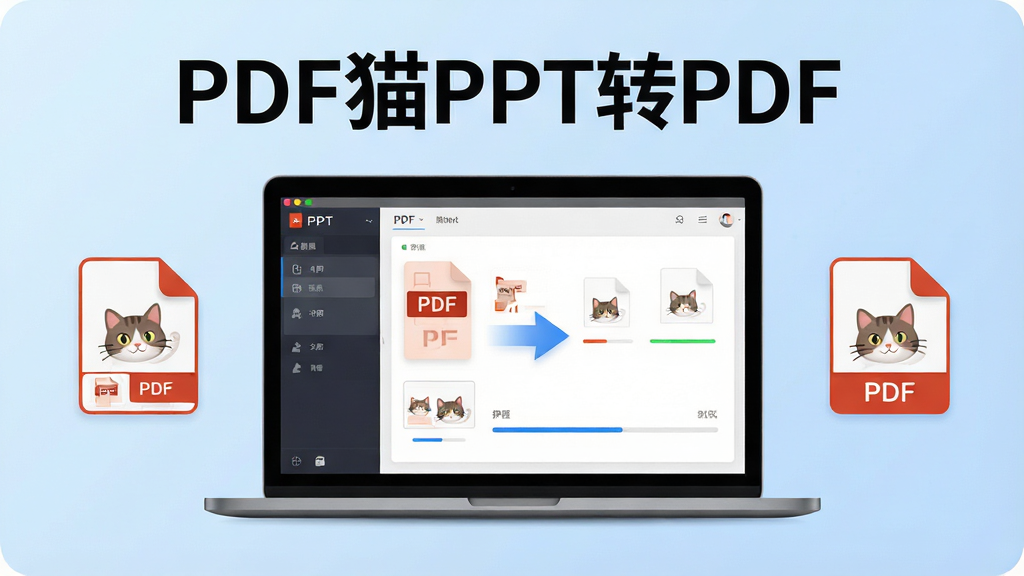 一张现代简约风格的软件宣传海报,主体是笔记本电脑屏幕中显示PDF猫PPT转PDF的转换界面,左侧为PPT源文件图标,右侧为PDF成品文件图标,中间有箭头指示转换方向,背景采用浅蓝色渐变,布局清晰,排版规整,风格专业且亲和,细节包含文件缩略图与进度条,画质高清干净,无多余元素,图片中打文字“PDF猫PPT转PDF”
