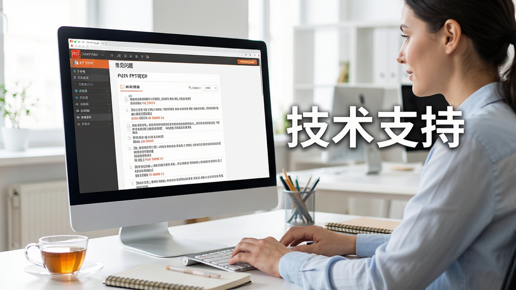 一张客户服务场景图,主体为电脑前的工作人员正在查看PDF猫PPT转PDF软件的技术支持页面,屏幕上显示常见问题列表,背景为明亮的办公室环境,布局自然,风格写实,细节包含茶杯和笔记本,画质清晰干净,无多余元素,图片中打文字“技术支持”