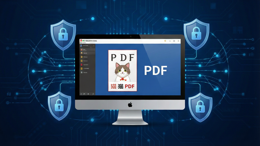 一张安全防护概念图,主体为电脑屏幕中显示PDF猫PPT转PDF软件,屏幕周围有盾牌和锁形图标围绕,背景为深蓝色科技感纹理,布局居中,风格稳重,细节包含加密线条与节点,画质细腻干净,无多余元素,图片中打文字“本地安全转换”