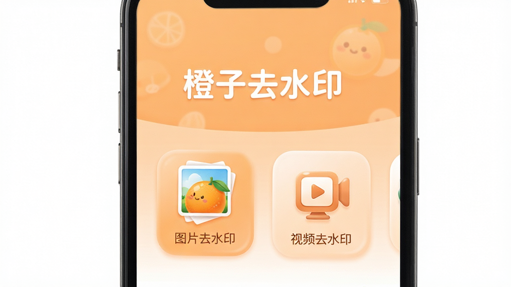 橙子去水印主界面展示,手机屏幕中显示清晰的去水印操作页面,上方有“橙子去水印”字样,下方排列着图片去水印和视频去水印两个功能按钮,背景为淡橙色渐变,整体布局简洁明快,图标圆润可爱,画质干净,无多余元素。