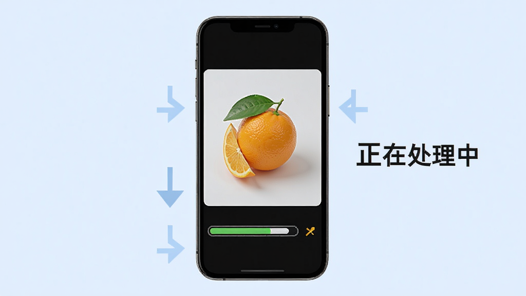 橙子去水印使用教程示意图,手机屏幕显示处理视频的进度条,旁边有“正在处理中”字样,背景为淡蓝色,界面清晰,步骤指示明确,画质干净,无多余元素。