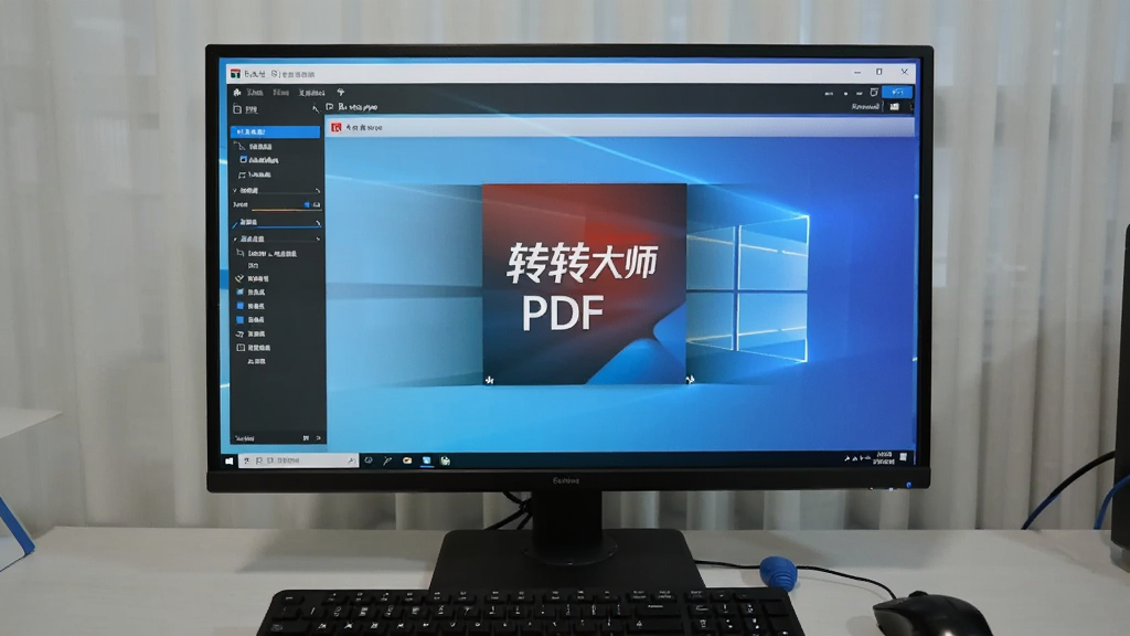 一张展示转转大师PDF编辑器在Windows电脑上运行的实拍图,屏幕中显示软件界面,周围环境为办公桌,有键盘和鼠标,画面干净,聚焦屏幕内容,画质清晰