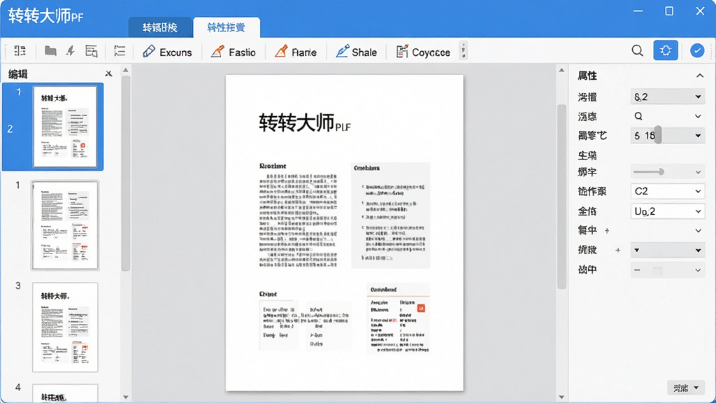 一张展示转转大师PDF编辑器主界面的高清截图,界面布局清晰,左侧为页面缩略图栏,中间为文档预览区,右侧为属性设置面板,顶部工具栏包含编辑、转换、批注等选项卡,整体风格简洁现代,色彩以蓝白为主,画质清晰,干净无多余元素