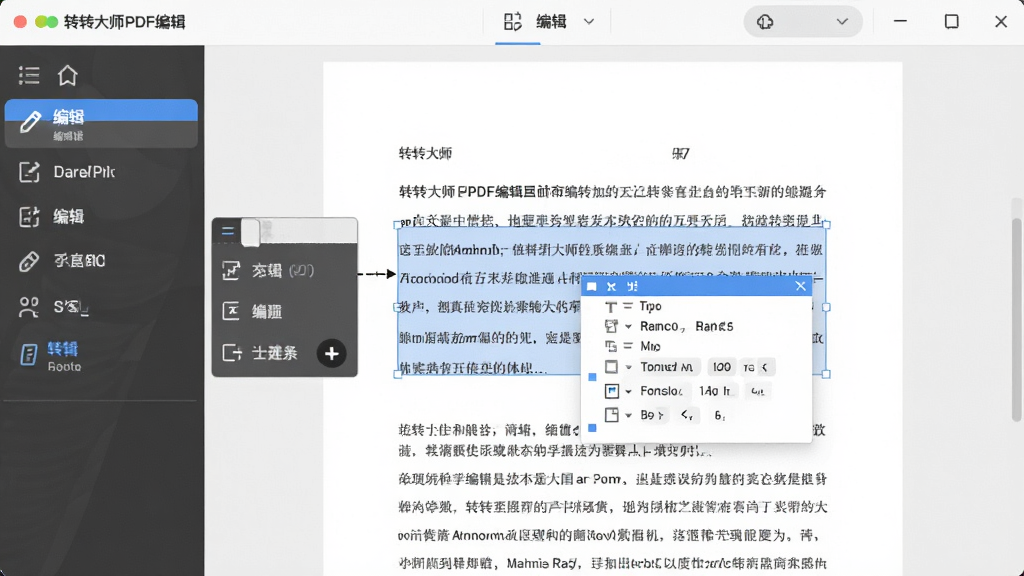 展示转转大师PDF编辑器编辑功能的界面,左侧工具栏高亮显示“编辑”按钮,文档中文字被选中并显示编辑框,周围有格式调整选项,背景为浅灰色,界面清晰,画质干净,无多余元素