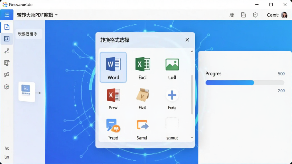 展示转转大师PDF编辑器格式转换功能的界面,界面中央有转换格式选择菜单,包括Word、Excel、图片等图标,右侧显示转换进度条,背景为蓝色渐变,整体风格科技感,画质清晰,无多余元素