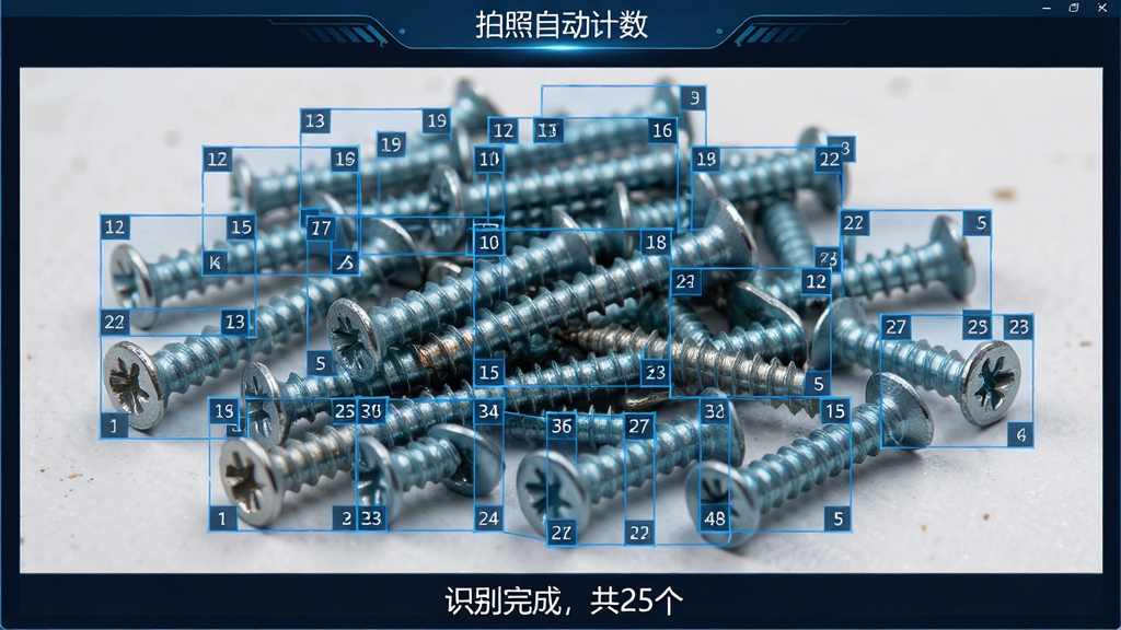 一张展示拍照自动计数软件识别过程的截图,画面中有一堆螺丝钉的实拍照片,照片上叠加了半透明的蓝色识别框,每个框角标有数字编号,屏幕底部显示“识别完成,共25个”,软件名称“拍照自动计数”显示在顶部栏,风格科技感十足,细节清晰,画质高清