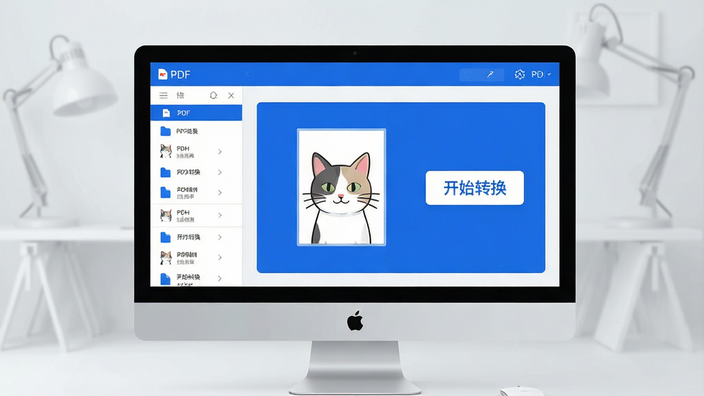 一张现代极简风格的软件功能展示图,主视觉是电脑屏幕中显示PDF猫PPT转PDF的操作界面,界面以蓝白为主色调,左侧是文件列表,右侧是醒目的“开始转换”按钮。背景是干净的浅灰色工作室环境,画面布局清晰,排版专业,商业科技插画风格,细节丰富,8K画质,干净无多余元素。