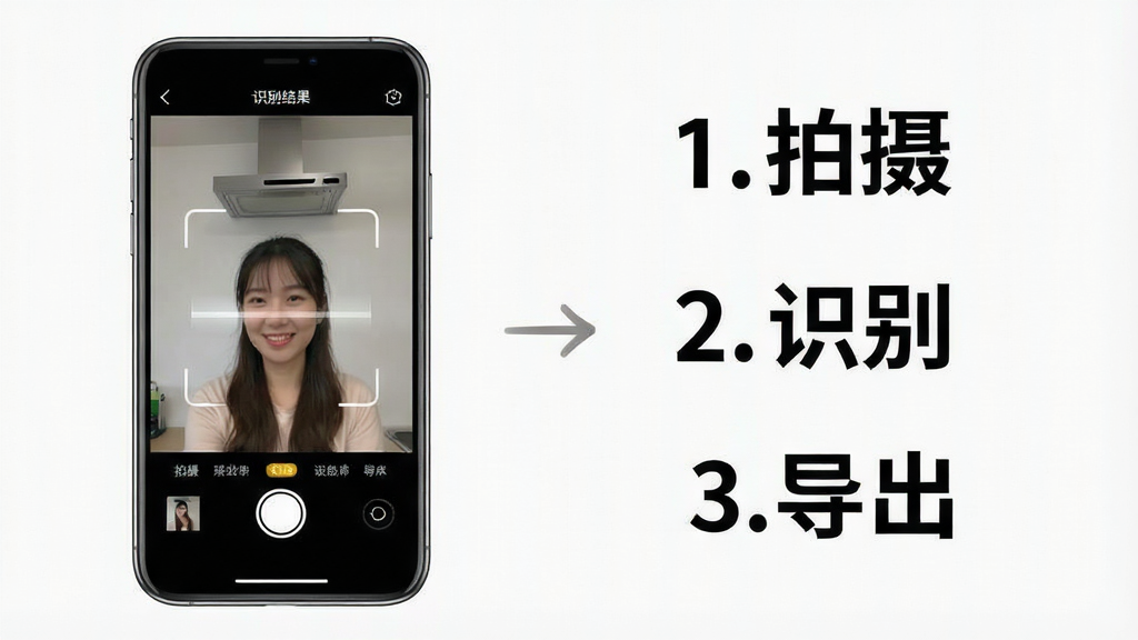 一张分步教程示意图,手机屏幕显示拍照自动计数app的识别结果页面,旁边配有操作步骤文字说明,包括“1.拍摄”“2.识别”“3.导出”,整体构图清晰,风格简洁,画质高清,无多余元素