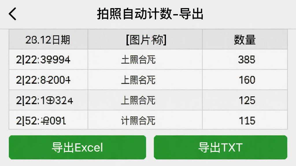 一张手机截图,显示计数结果详情页,页面中有表格列出日期、图片名称、数量,底部有“导出Excel”和“导出TXT”两个绿色按钮,页面顶部显示“拍照自动计数-导出”,背景为浅灰色,整体布局整齐,画质清晰