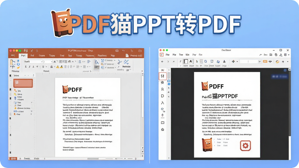 一张展示软件转换效果的对比图,左侧是PPT编辑界面,右侧是PDF阅读器界面,两者内容高度一致。图片采用左右分屏布局,上方印有“PDF猫PPT转PDF”的Logo文字,背景为柔和的渐变蓝色,商业插画风格,细节刻画清晰,4K画质,干净无多余元素。
