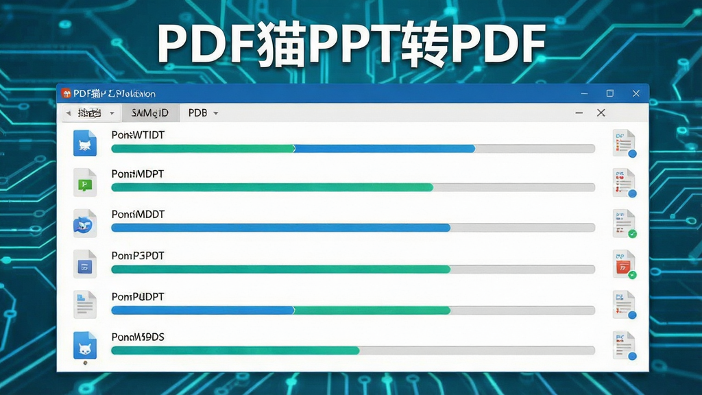一张展示软件正在运行批量转换任务的截图画面,界面中显示多个文件进度条同时推进,主标题为“PDF猫PPT转PDF”,背景为浅色科技感线条图案,布局合理,高细节,UI设计风格,干净无多余元素。