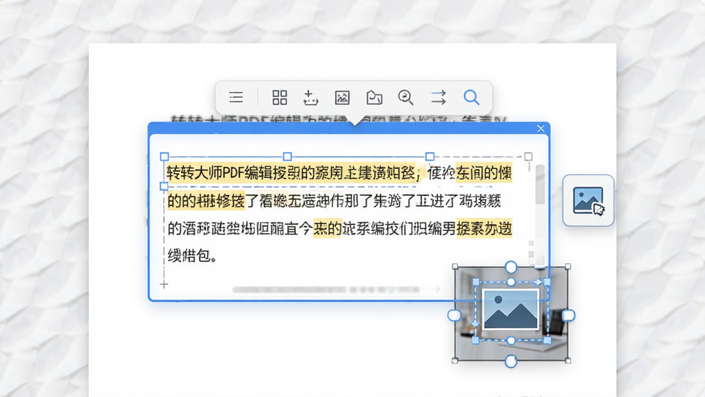主体:转转大师PDF编辑器的编辑功能演示,显示文字修改和图片插入。布局:文档页面中央,选中文字显示编辑框,旁边有图片插入图标。排版:编辑框带蓝色边框,工具栏悬浮。风格:商务专业,浅色背景。细节:文字高亮显示,图片拖拽调整大小。画质:高清细节,干净无多余元素。