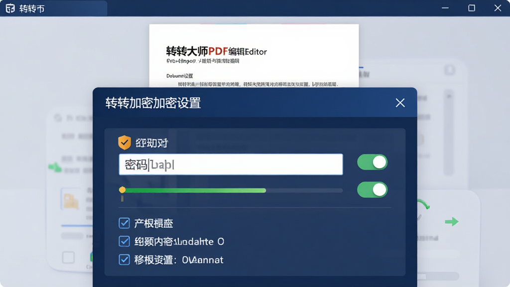 主体:转转大师PDF编辑器的加密设置界面,显示密码输入框和权限选项。布局:中央为设置面板,上方为文档预览。排版:输入框带安全提示图标,选项开关清晰。风格:安全专业,深蓝配色。细节:密码强度指示条,权限选项复选框。画质:高清干净,无多余元素。