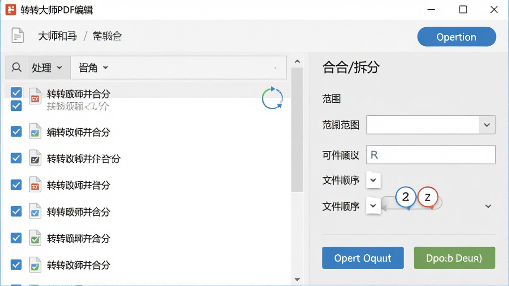 主体:转转大师PDF编辑器文件合并拆分操作界面,显示文件列表和操作按钮。布局:左侧为待处理文件列表,右侧为合并/拆分设置选项。排版:文件列表带勾选框,按钮清晰。风格:实用商务,浅灰背景。细节:页面范围输入框,文件顺序可拖拽调整。画质:高清细节,干净无多余元素。