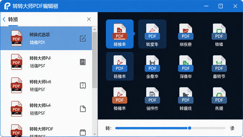 主体:转转大师PDF编辑器格式转换功能界面,显示转换格式选项列表。布局:左侧为PDF文件列表,右侧为转换格式图标。排版:图标整齐排列,选中状态高亮。风格:简洁清晰,蓝白主色调。细节:格式图标带文字标注,转换进度条显示。画质:高清干净,无多余元素。